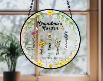 Personalized Birth Month Flower Grandmas Garden Glass Suncatcher, Mother's Day Gift, Window Hanging
