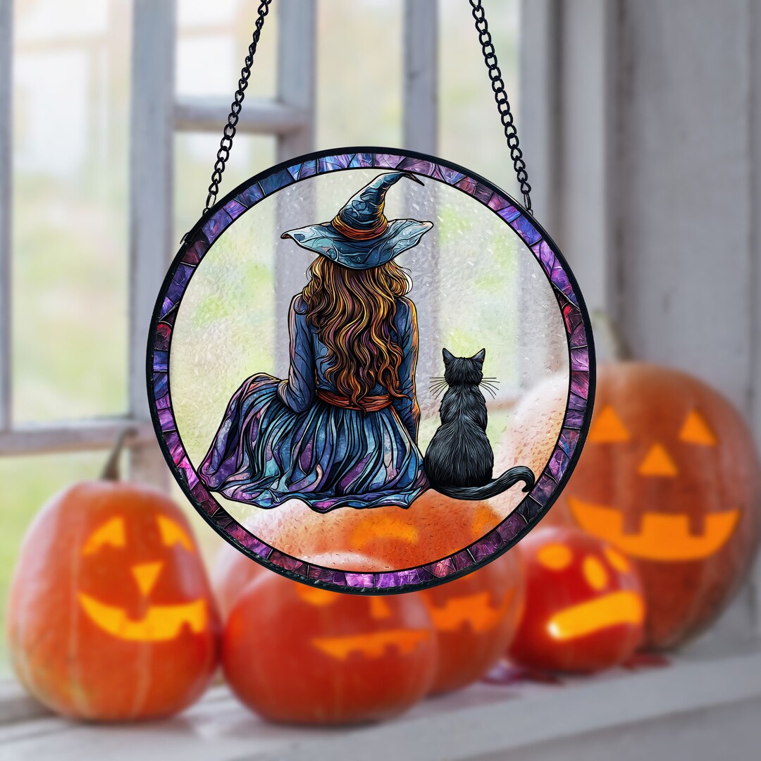 Witch & Black Cat Stained Glass Window Hanging - Halloween Decor - Etsy