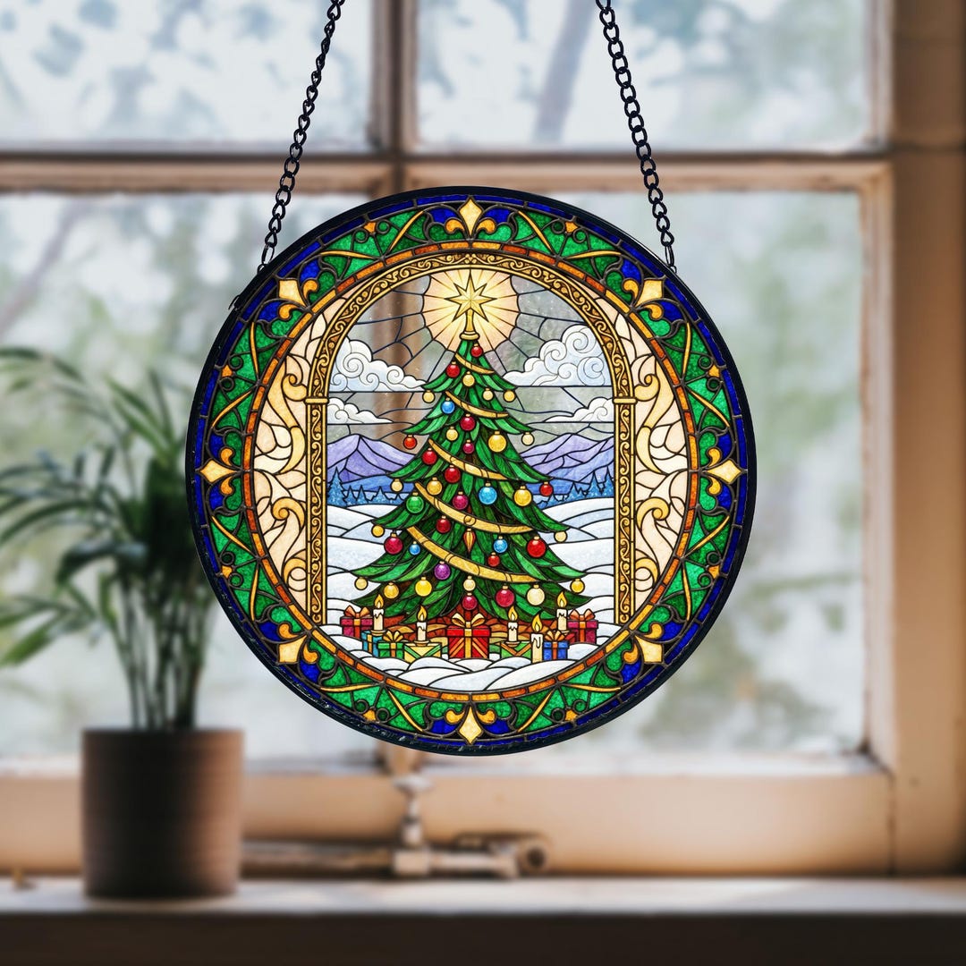 Stained Glass Christmas Tree Suncatcher: Cathedral Window Holiday Decor ...