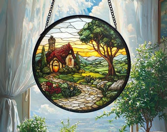 Shire Fensterbehang, Shire Glasmalerei Suncatcher, Shire Landschaft Dekor, Dorf Haus Dekor, Fantasy Garten Landschaft Geschenk, inspiriertes Geschenk