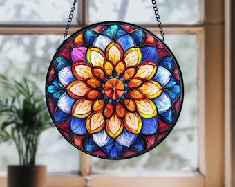 Handgemaakte mandala glas-in-lood suncatcher: spiritueel raamdecoratie