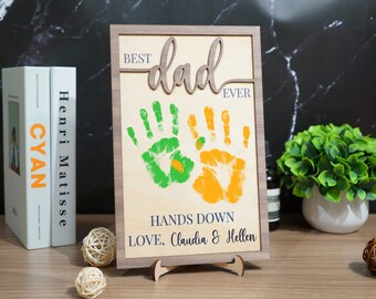 Personalized Dad Handprint Sign, Engraved Wooden Father's Day Gift