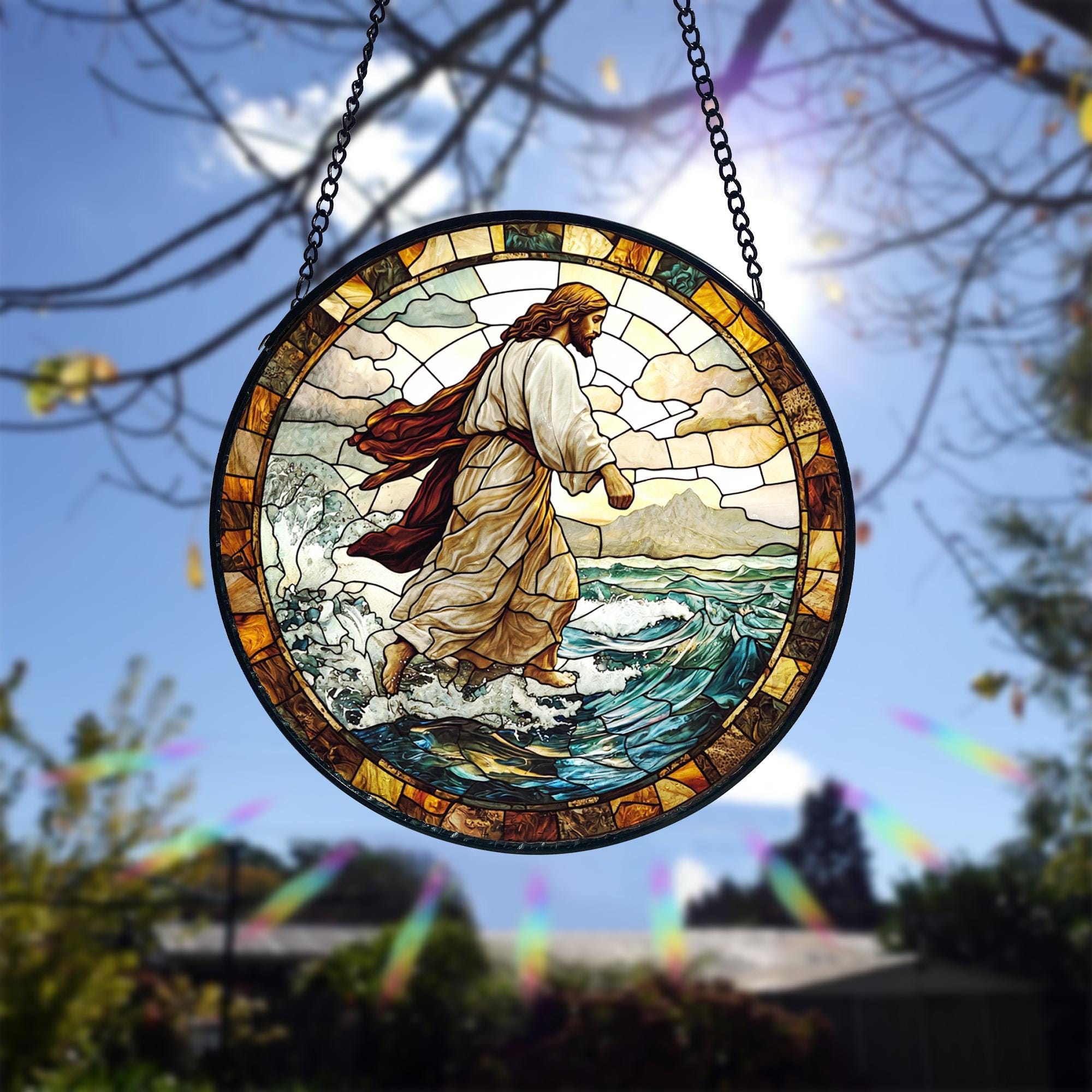 Jesus Glass Suncatcher, Christian Art Light Catcher Window Hanging, Christian Stained Glass, Bible Verse Wall Decoration, Christian Gifts