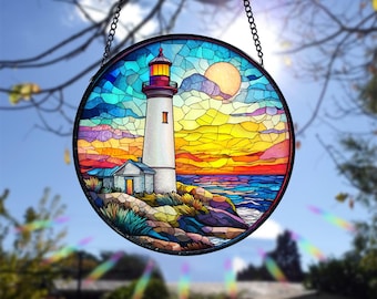 Lighthouse Stained Glass Suncatcher: Nautical Window Hanging