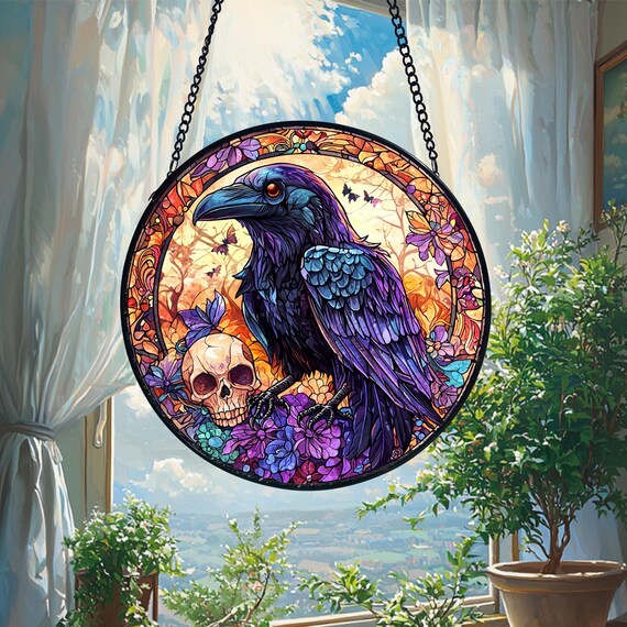 Attrape-soleil Halloween Corbeau Acrylique - Décor Fenêtre Ou Mur - Diamètre 16 Cm, Chaîne 26 Cm - Motif Branche D'arbre Mort - Idéal Décoration Effrayante