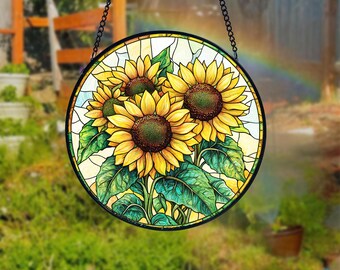 Atrapasueños de girasol de vidrio de colores hecho a mano: colgante de ventana inspirado en la naturaleza