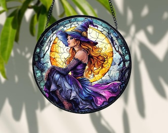 Heks en maan glas-in-lood suncatcher, Halloween raam hangend