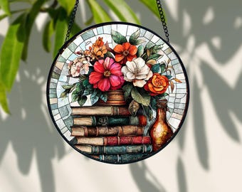 Floral Book Stained Glass Suncatcher: Handmade Window Hanging Decor