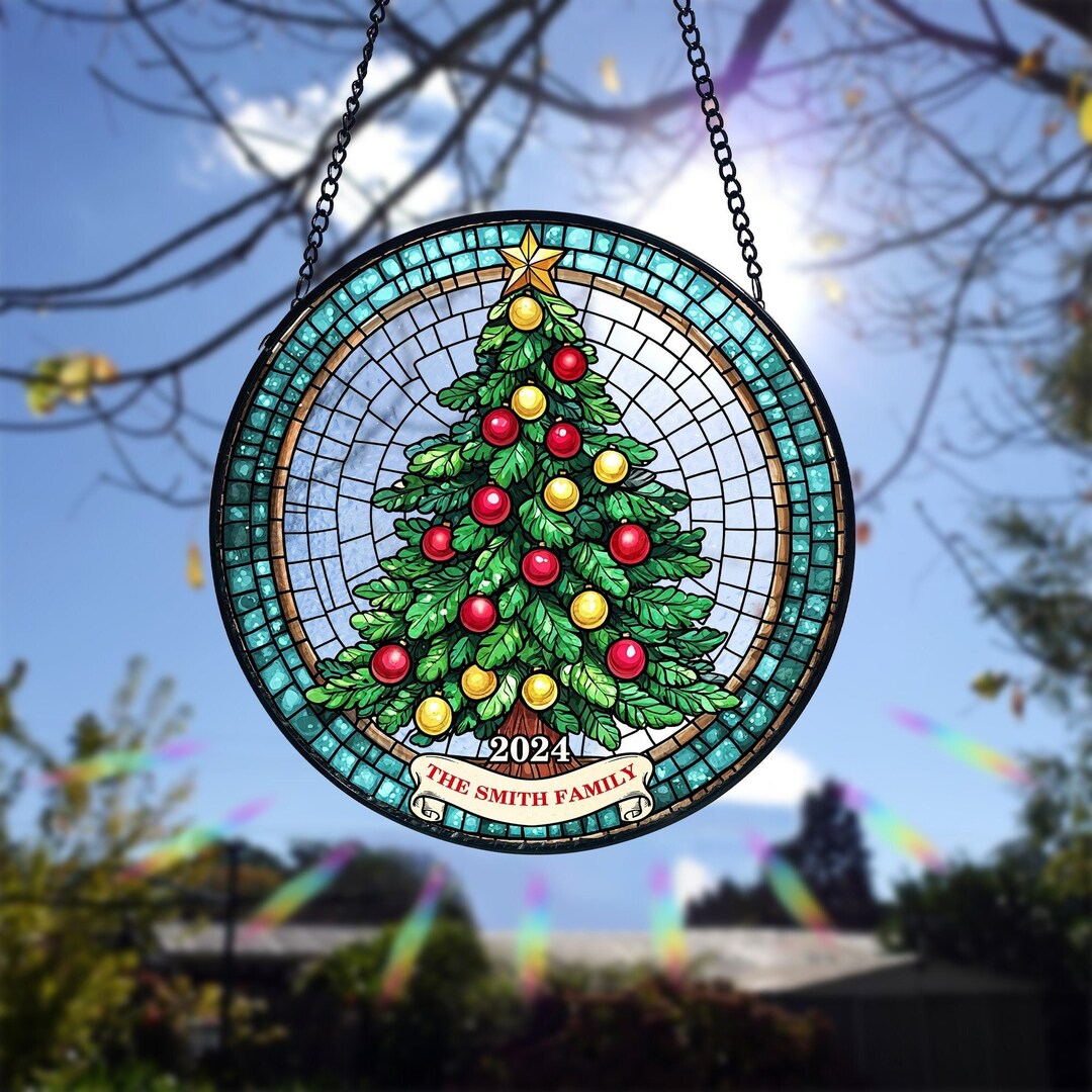 Personalized Christmas Tree Stained Glass Suncatcher: Family Name ...