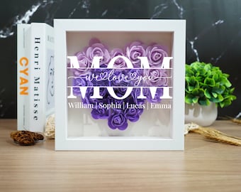 Personalized Flower Heart Shadow Box for Mom,Roses Shadowbox with Names,Custom Frame Gift for Mother's Day,Gift for Mom and Grandma Nana