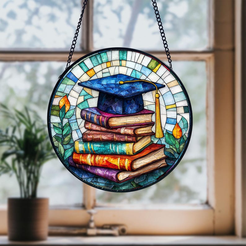 Graduation Window Writing Graduation Stained Glass Suncatcher: Cap and Books Window Hanging - Etsy