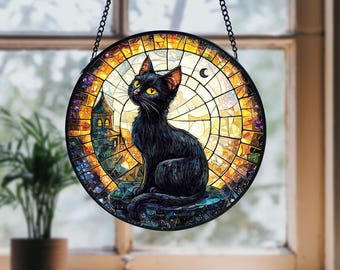 Black Cat on Moon Stained Glass Sun Catcher: Celestial Window Art