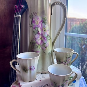 May include: A tall, fluted porcelain coffee pot and three matching mugs, all featuring a pale green base color and hand-painted pink floral designs. The set is arranged on top of stacked books, including one titled Shrimply and New Can-Opener Cookbook.