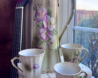 Antique Nippon 11-Inch Chocolate Pot Set with Three Cups Handpainted Wild Roses