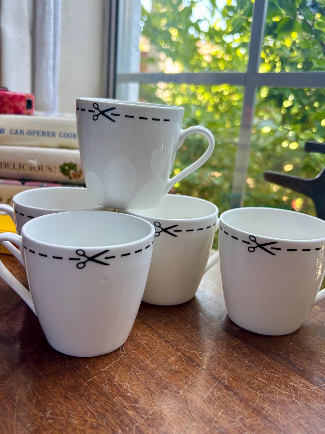 Set of Five White Espresso Cups With Dotted Line/scissor Design by ...