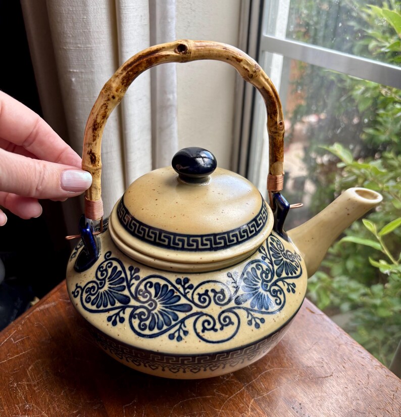 Tea Pot Key Contemporary Greek Motif Teapot With Bamboo Handle - Etsy
