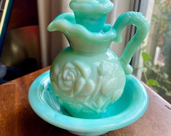 1978 Vintage Avon Bath Oil Decanter Jadeite Blue Green Slag Milk Glass Embossed Rose