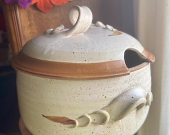 Signed Handmade Pottery Soup Tureen: Sculptural Accents