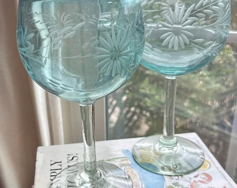Pair of Light Blue Rose Ann Hall Designs Condessa Hand-Etched Wine Glasses (made from recycled glass)