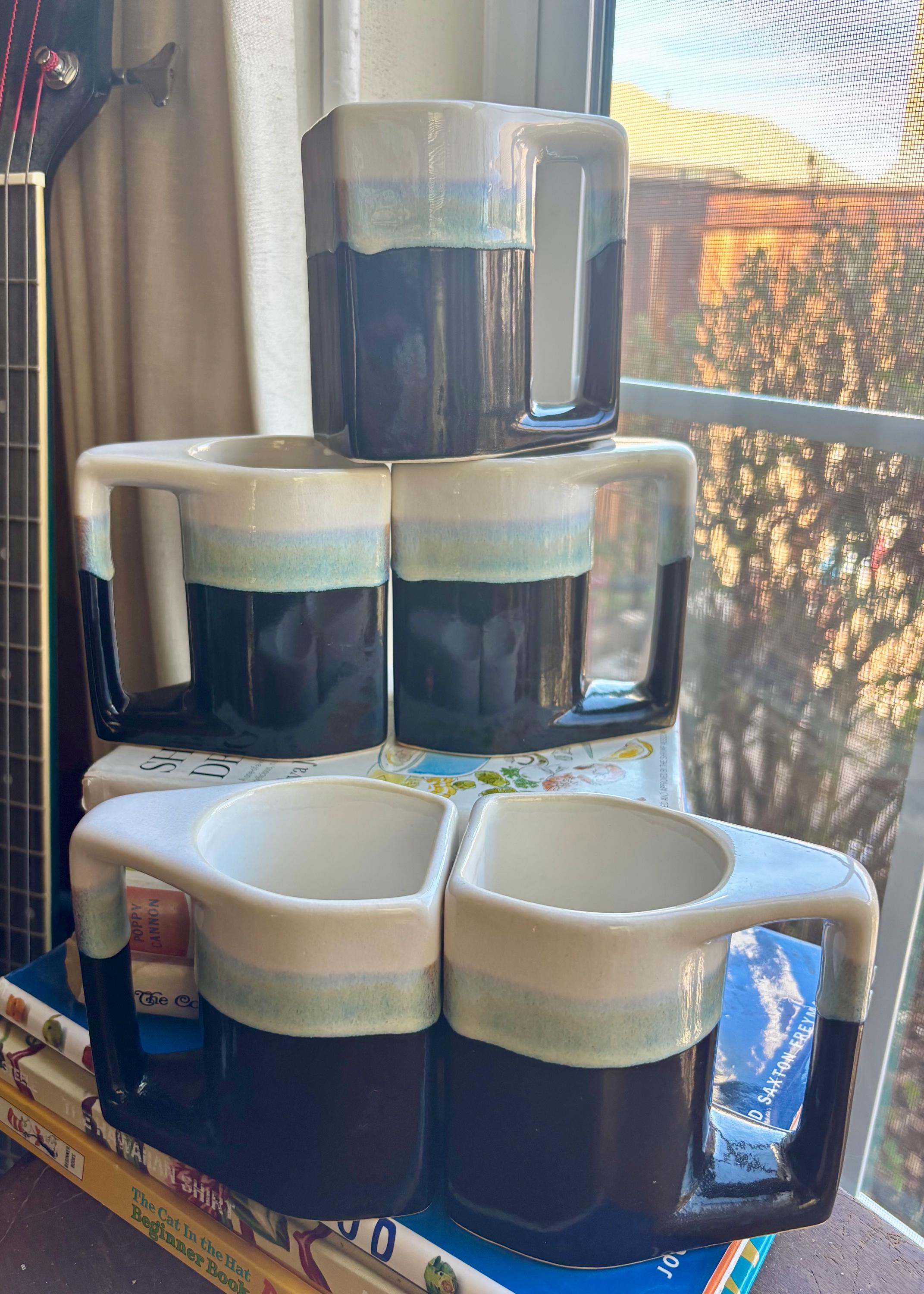 4 Tasses à Café Vintage Rodolfo Padilla – Grès émaillé Goutte à Goutte, Support Bois