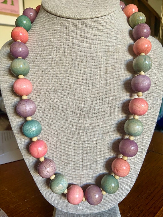 Vintage 80s Pastel Wooden Bead Necklace - image 4