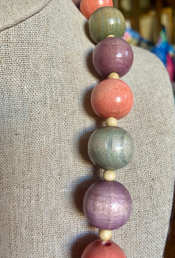 Vintage 80s Pastel Wooden Bead Necklace - image 2