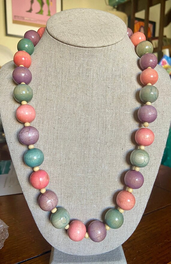 Vintage 80s Pastel Wooden Bead Necklace - image 1
