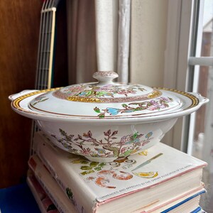 May include: White ceramic serving dish with lid, featuring a floral and tree design in pink, blue, and green. The rim has a gold trim. The dish is sitting on top of a stack of books.