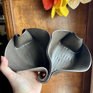 May include: A dark gray ceramic bowl with a unique, flowing design. The bowl is divided into two sections, each with a curved, petal-like shape. The edges are smooth and the overall aesthetic is modern and artistic. The bowl is held by a person's hand.