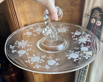 Vintage Fostoria Clear Glass Serving Tray in the Romance Pattern and Central Sculpted Handle