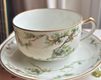 Antique Haviland & Co. Limoges Teacup and Saucer in the Schleiger #432 Arbor Pattern
