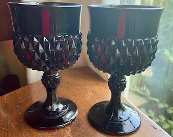 Pair of Small Indiana Glass Tiara Diamond Point Small Black Amethyst Stem Goblets