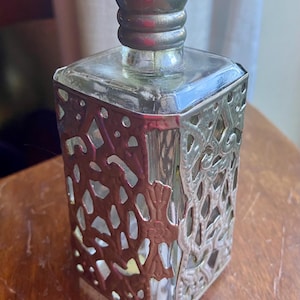 Antique Art Nouveau Glass Perfume Bottle with Decorative Silver Plate Overlay