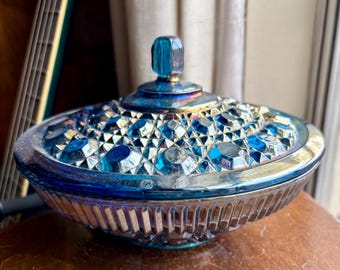 Vintage Gorgeous Blue Carnival Glass Candy Dish with Lid