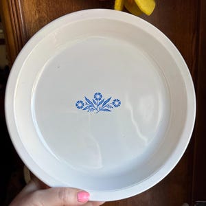 May include: White pie plate with a blue floral design in the center. The plate has a rounded shape and a slightly raised edge. The blue floral pattern is symmetrical and features stylized flowers and leaves.