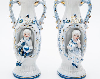 Vintage Two Victorian Style Norleans Vases, Boy and Girl Porcelain Vases, Made in Japan, White and Blue with Gold Trim, Year 1960s'