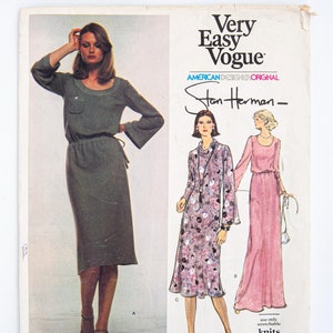 May include: A vintage sewing pattern for a dress, featuring a model wearing a long-sleeved, knee-length dress with a tie belt. The pattern is titled "Very Easy Vogue" and is by "Stan Herman".