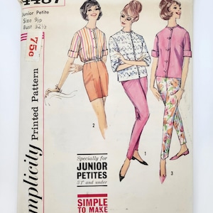 May include: Vintage Simplicity sewing pattern number 4487 for a Junior Petite size 9jp, bust 32 1/2. The pattern is for a blouse and trousers with three different style options. The pattern is labelled "Simple to Make" and is specially for Junior Petites 5'1" and under.