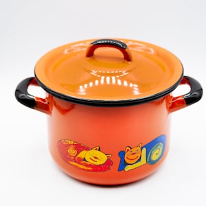 Smaltum CZ Elephant&cat Enamelware Tin Saucepan/pot With Lid, Orange ...
