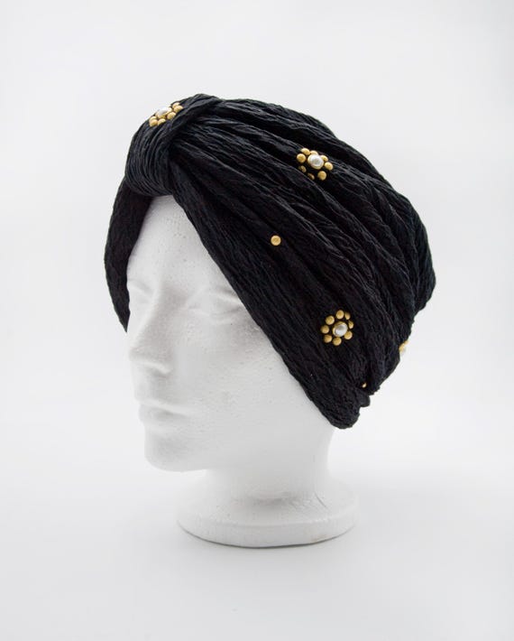 Vintage Black Turban Hat With Gold Beads and Faux Pearls  display picture 1