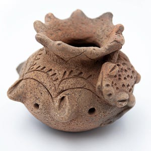Pre-Columbian Handmade Pottery Clay Smoke Pot with Frog, One of a kind, Ceramic Art