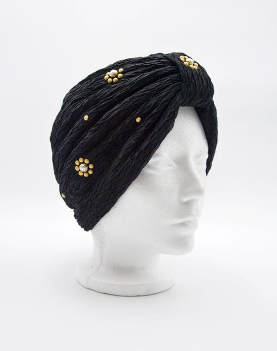 VINTAGE BULLOCKS 1960\'S GOLD & BLACK W/MULTI-COLOR BEADED TURBAN STYLE HAT NWT 60s Beehive Turban Hat in Sparkly Autumn Colors – Better  main image 3