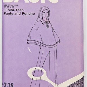 May include: A vintage sewing pattern for a junior or teen pants and poncho set. The pattern is for knit fabrics and includes instructions for a mix and match design. The pattern is printed on a purple background with a black and white illustration of a girl wearing the outfit.