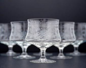 Vintage Crystal Cut Large Wine / Dessert Bowl Glasses With Floral Carving, Set of Six pcs. Year 1950s'