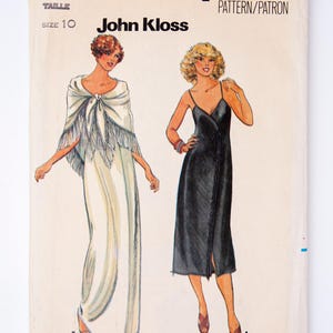 May include: Vintage sewing pattern for a dress with a fringe shawl. The pattern is for size 10 and is by Butterick, designed by John Kloss. The pattern number is 6369 and the price is £2.60. The pattern is for knit fabric with moderate stretch.