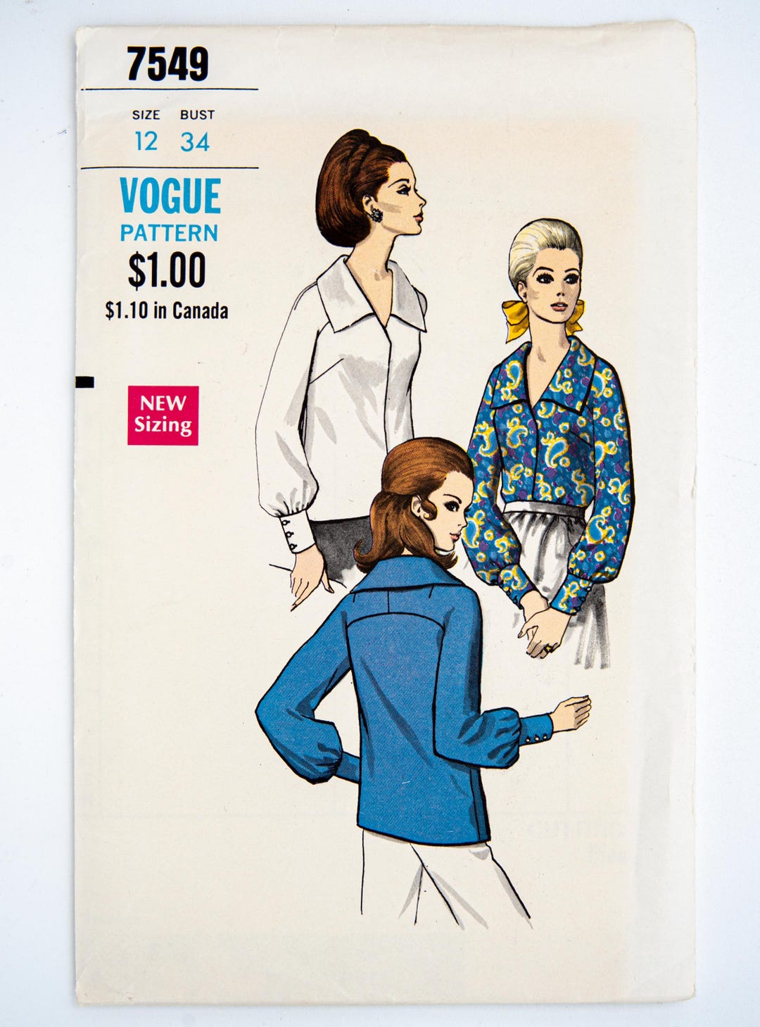 1970's Vogue Button Up Blouse Pattern with Long Sleeves and Tie - Bust 34