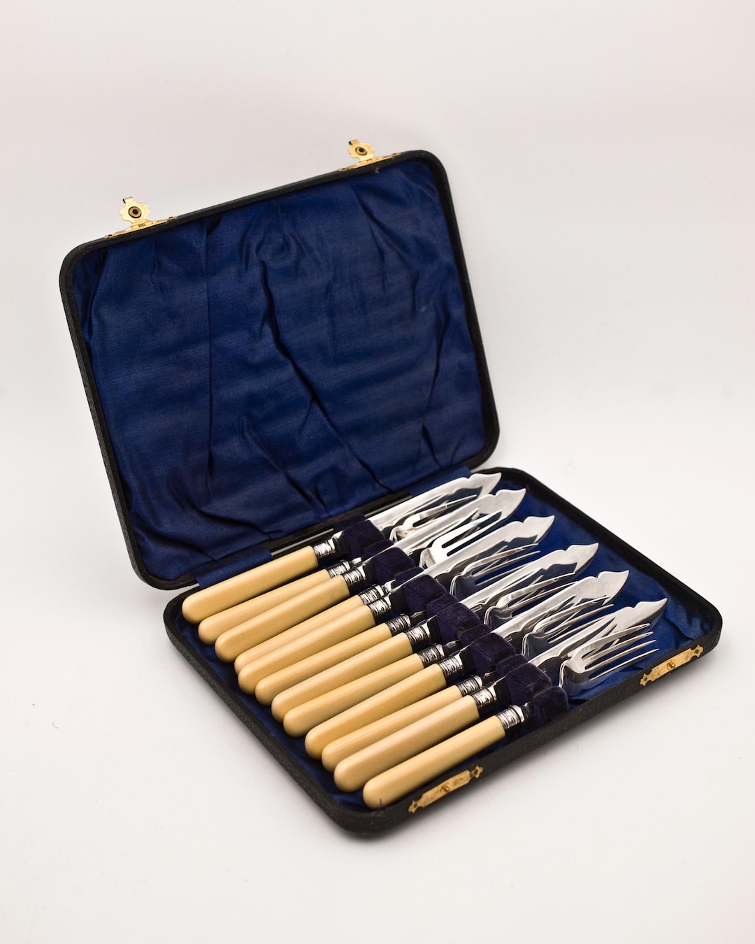 Vintage Antique Faux Bone Handled Fish Knife & Fork Cutlery Set in