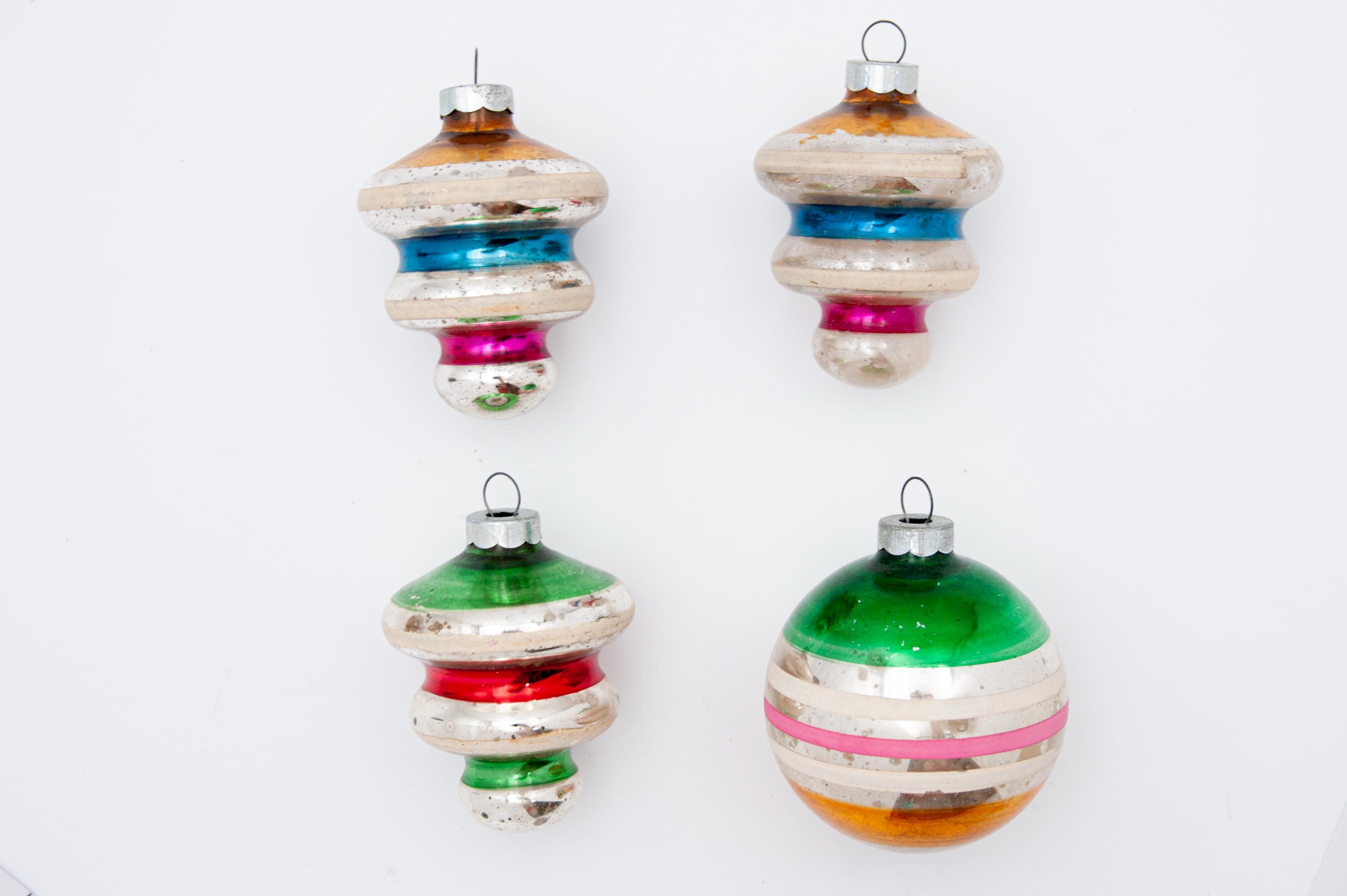Set of 4 Vintage Xmas Balls Blown Glass Fancy Shape Christmas Tree Decorations/Ornaments, Made in USA Year 1950s'