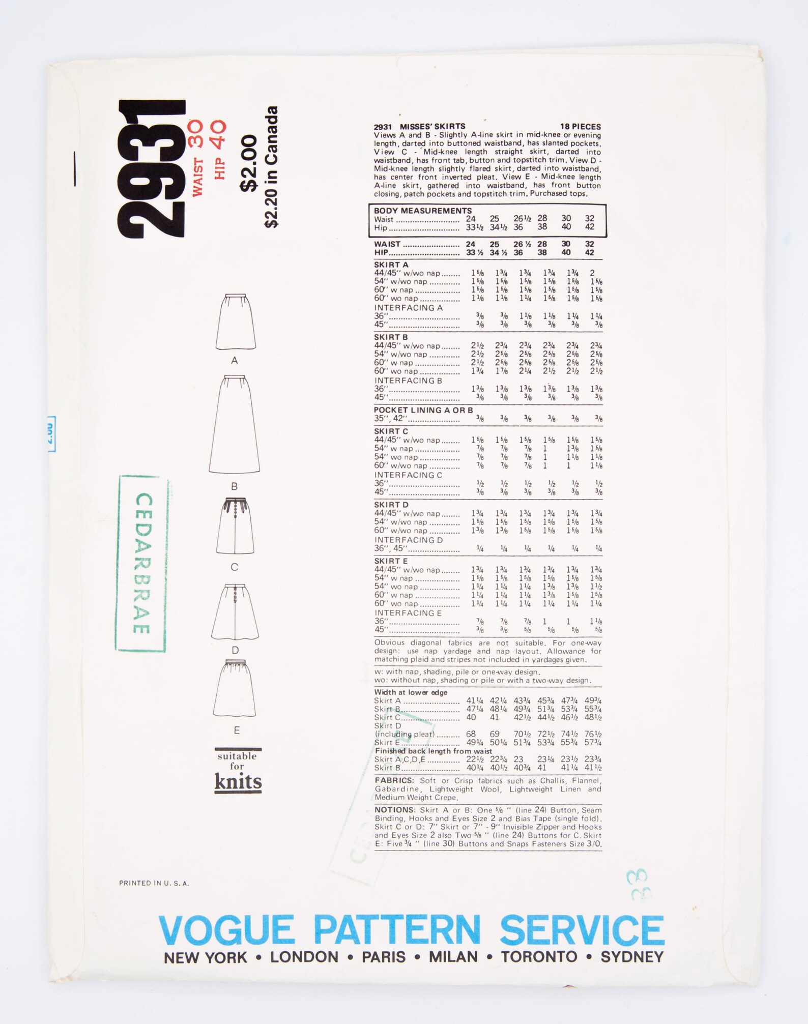 Vogue Sewing Pattern 2931, Vogue's Basic Design, Misses' Skirt, Vintage ...