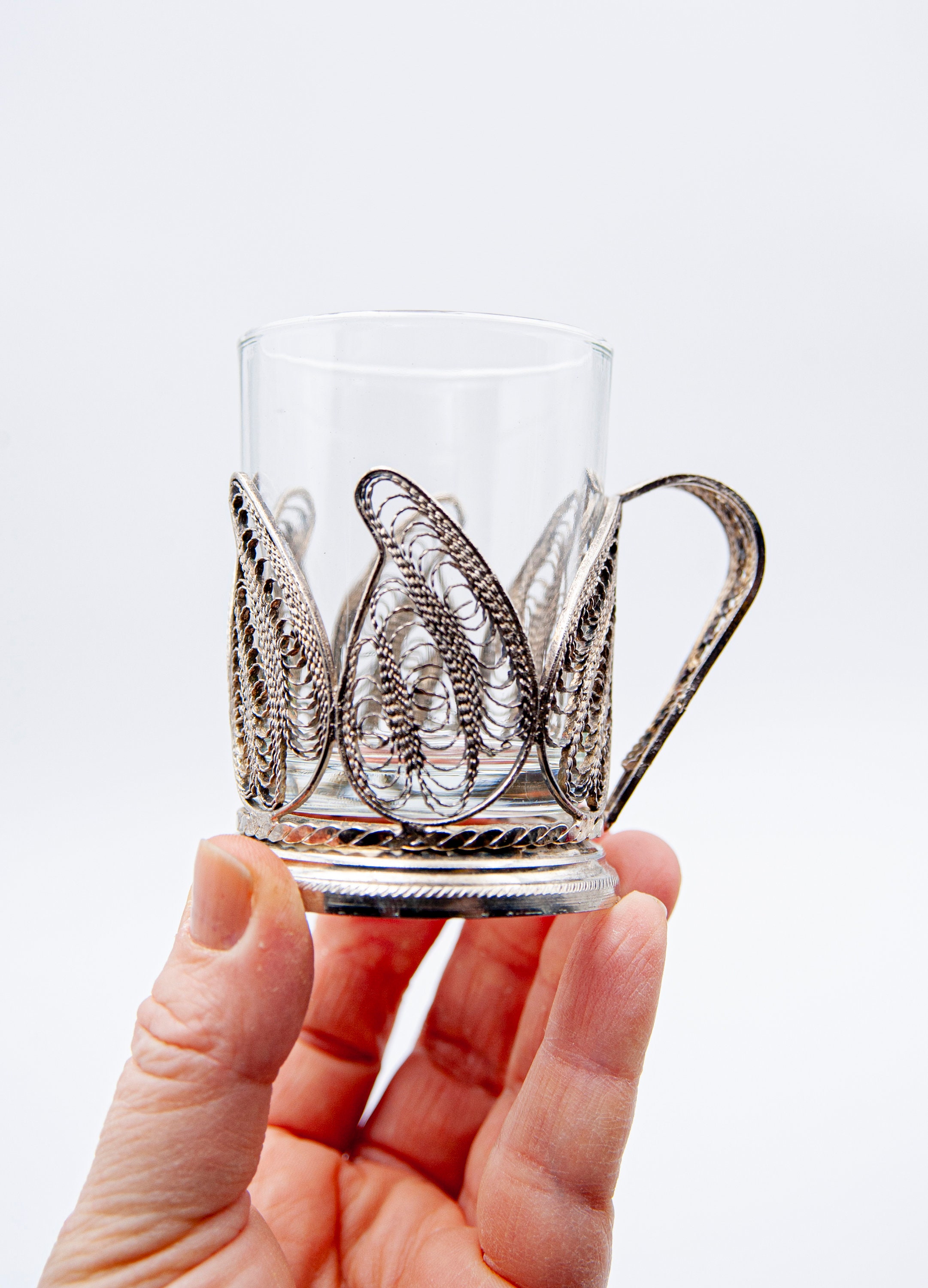 Vintage Russian Podstakannik – 1950s-60s Soviet Tea Glass  Vintage UKRANIAN Glass Tea Cup Holder Filigree Silver Plated main image 1